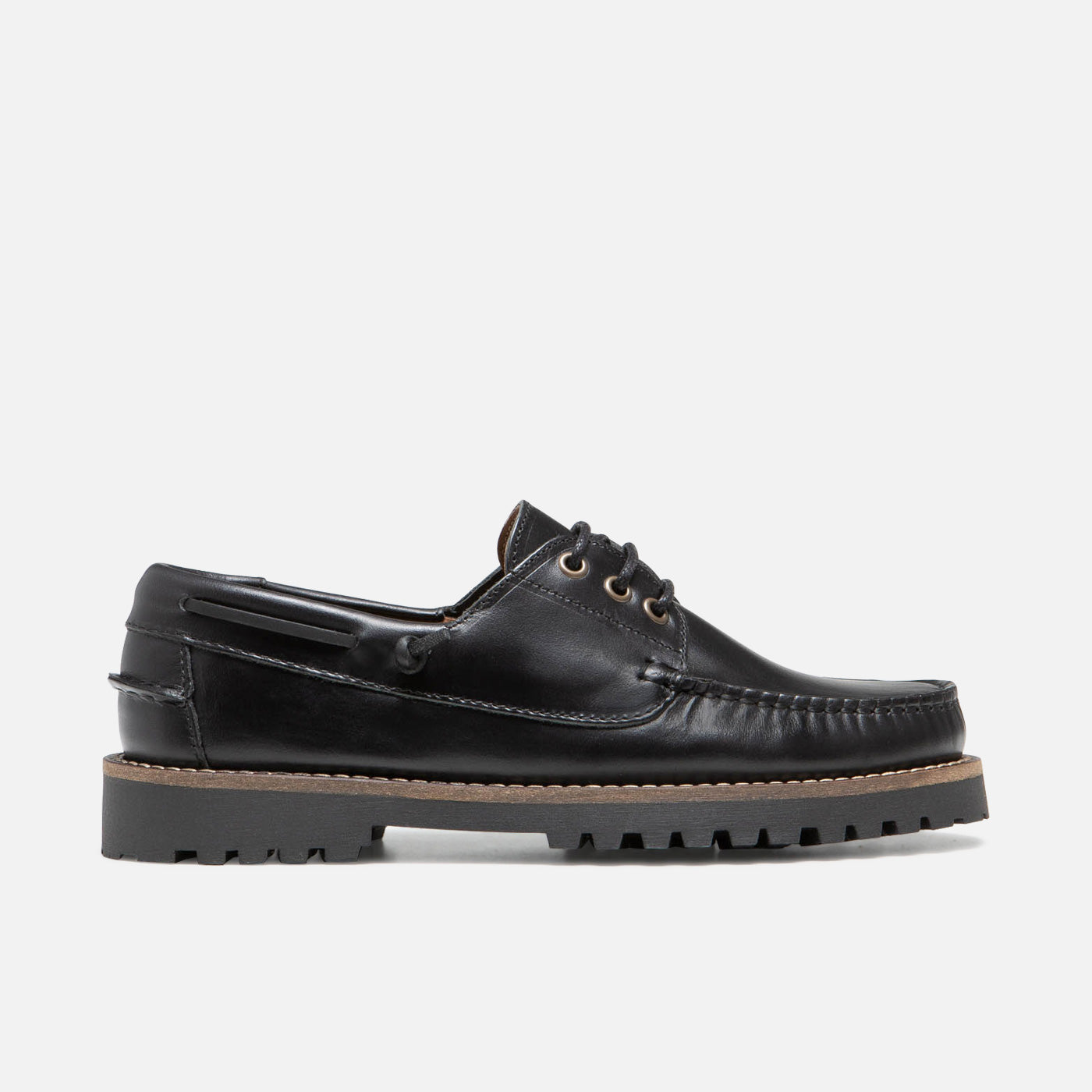 Vintage Boat Shoes Leather Lug Sole STONE F C Black | KOST